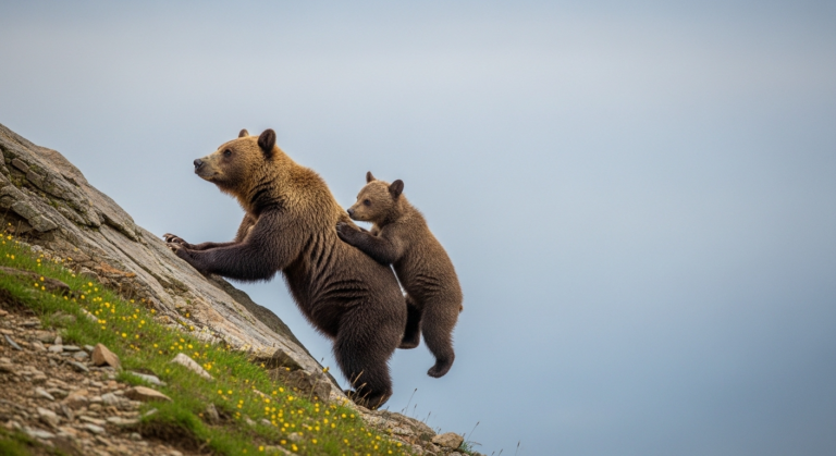 A Mother Bear and Her Cub Climbing Uphill