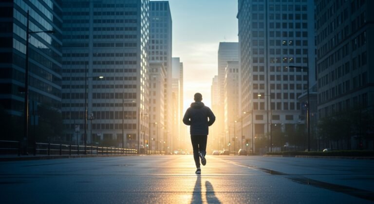 A man running alone on an empty city street at 5am in soft pre dawn light leaving behind his corporate performative life