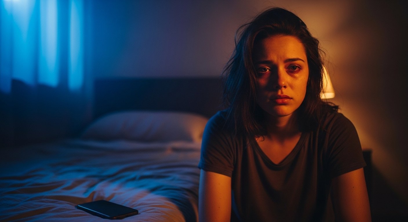 Woman sitting alone with phone turned off in a long distance relationship feeling disconnected and overwhelmed