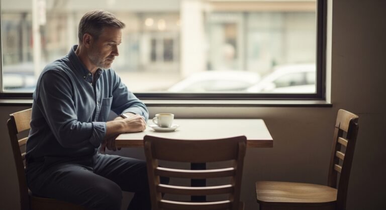 A man in his fifties sitting alone at a cafe table with an empty chair across from him looking quietly reflective and socially disconnected