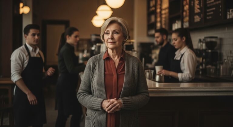 An older woman standing alone at a coffee shop counter being overlooked by staff while younger customers receive attention around her