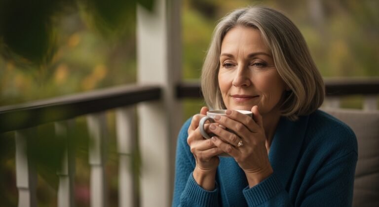 An older woman sitting peacefully alone on a porch in soft morning light holding a cup of coffee with a calm and deeply contented expression