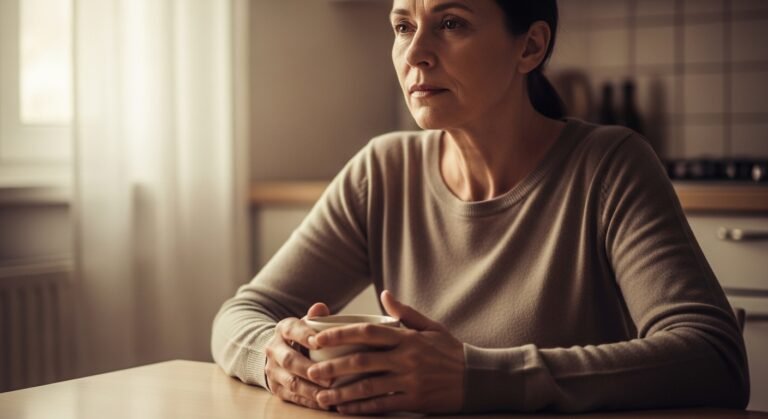 A parent sitting alone in quiet reflection looking distant and thoughtful as they examine their own childhood patterns and inherited behaviors