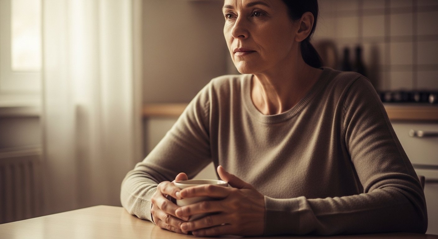 A parent sitting alone in quiet reflection looking distant and thoughtful as they examine their own childhood patterns and inherited behaviors