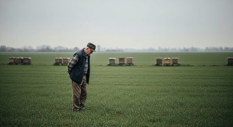 A retired landowner standing alone in an open field beside beehives on a quiet rural morning looking thoughtful and uncertain