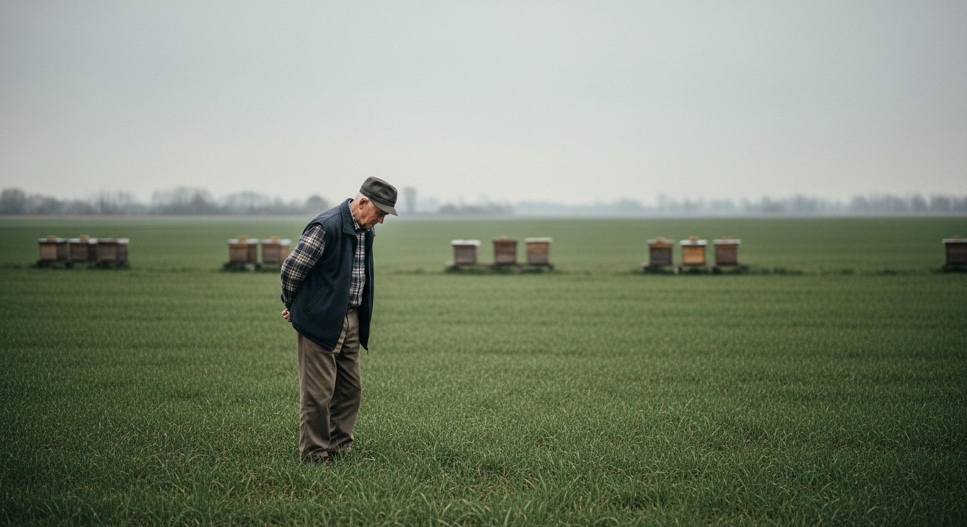A retired landowner standing alone in an open field beside beehives on a quiet rural morning looking thoughtful and uncertain
