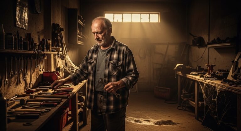 A retired man organizing his garage alone in the morning, reflecting on life after 42 years of work