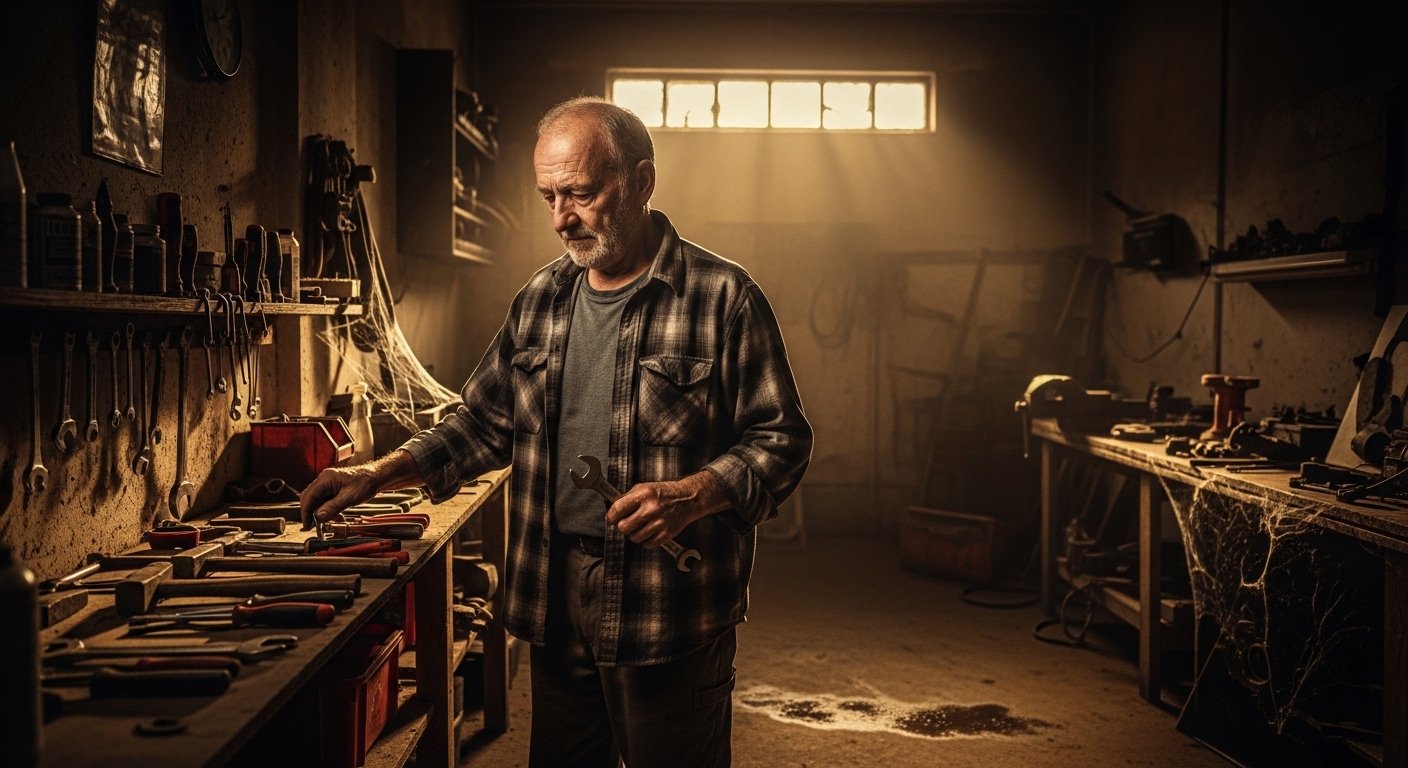 A retired man organizing his garage alone in the morning, reflecting on life after 42 years of work