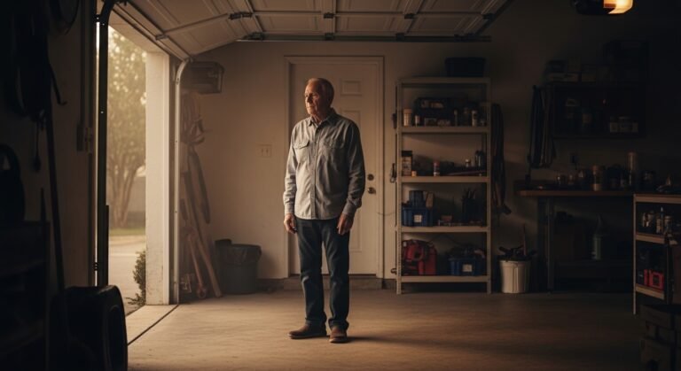 An older man standing alone in a garage on a quiet morning surrounded by tools looking thoughtful and emotionally lost after retirement